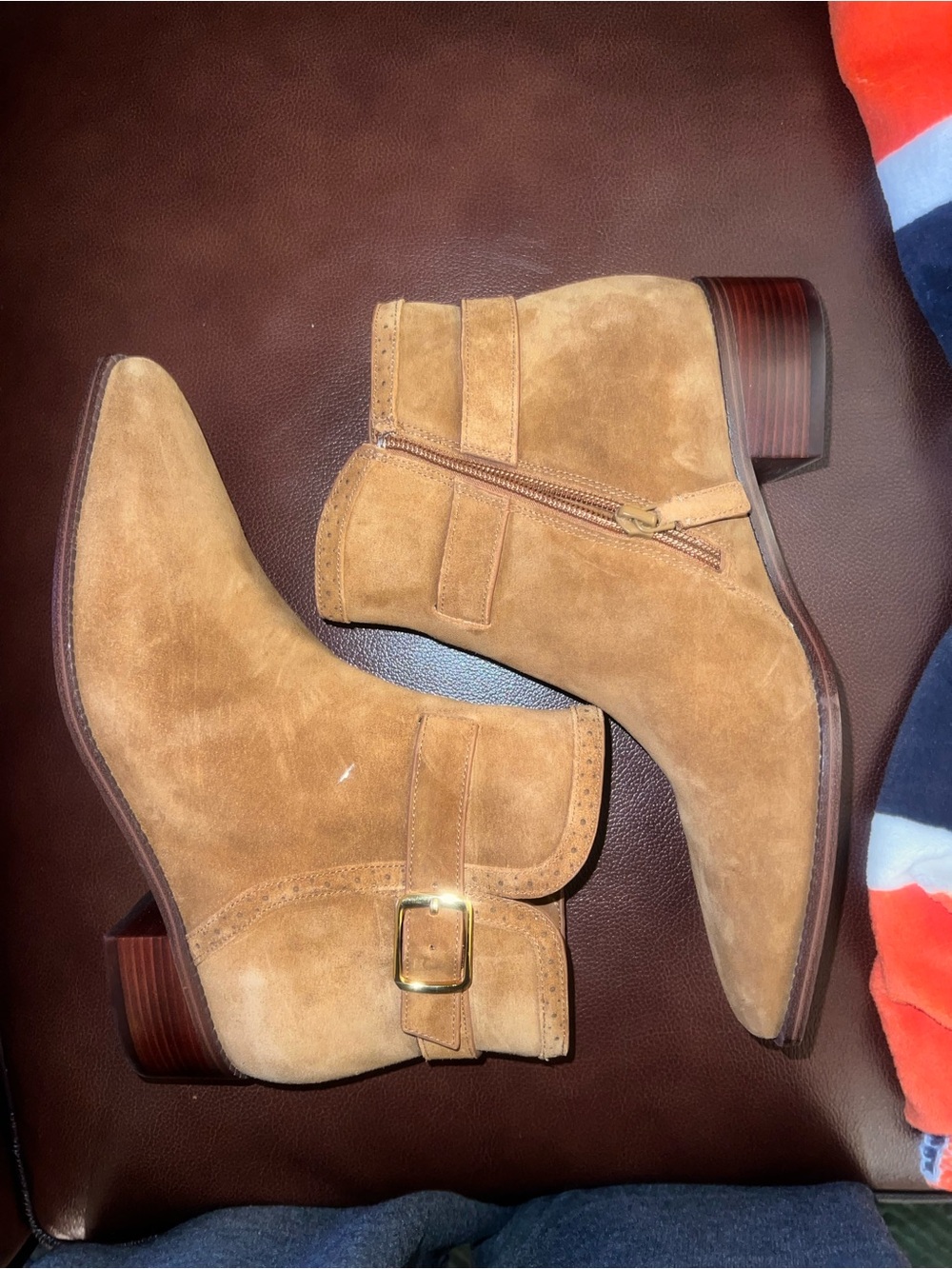 Cole Haan Tan Suede Ankle Booties with Buckle Detail